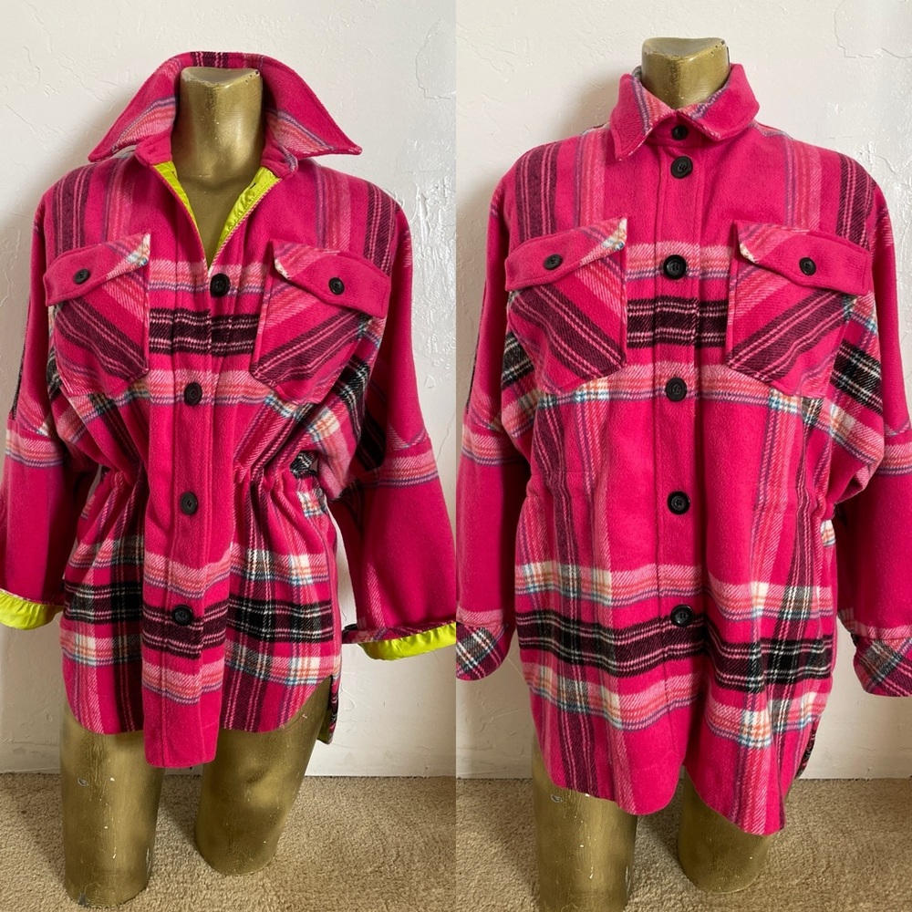 FREE PEOPLE Pink & Lime DOWN FOR YOU Plaid Shacket JACKET Size XS - Picture 4 of 16